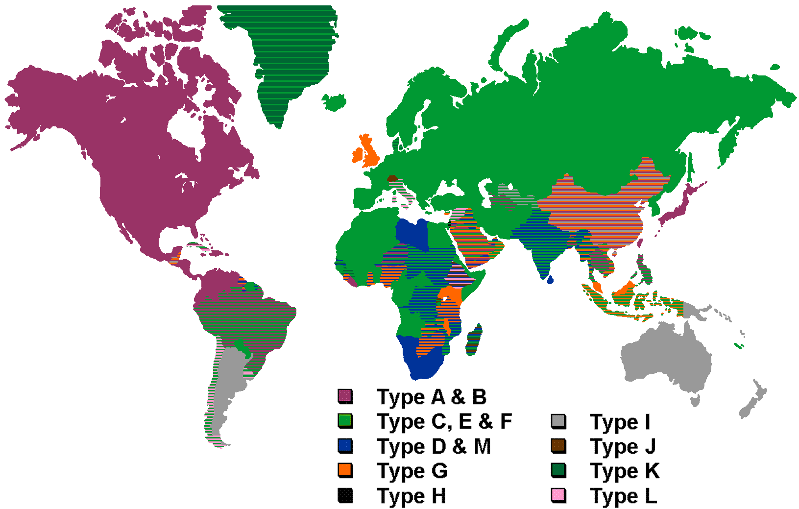 Mapa de tipos de enchufes en el mundo